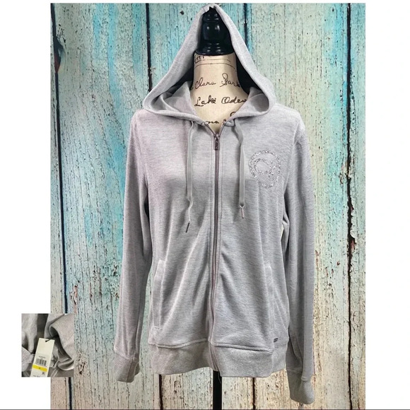 CALVIN KLEIN NWT Heather Granite Grey Velour Logo Zip Hoodie - Picture 2 of 13